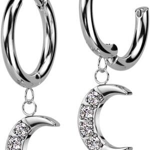 20GA Stainless Steel Crescent Moon CZ Hoop Earrings, Silver Tone, Pair